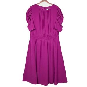London Times Shirred Midi Dress Womens 20W Crewneck Ruched Sleeve Elastic‎ Waist